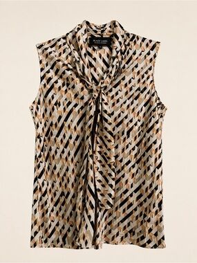 Black Label by Evan-Picone Tie Neck Geometric Sleeveless Blouse M